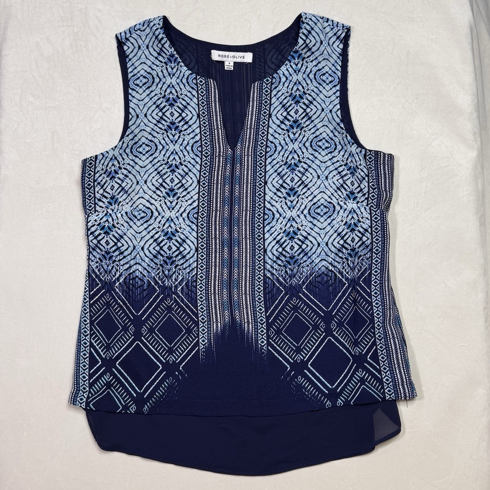 Rose & Olive Sleeveless Blouse Women S Blue Geometric Chiffon Overlay V-Neck